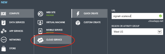 Screenshot del riquadro NUOVO con l'opzione Servizio cloud e l'icona evidenziati nell'applicazione, nonché un cerchio rosso.