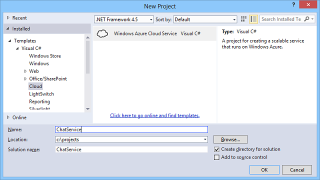 Screenshot che mostra la finestra di dialogo Nuovo progetto. Il cloud è selezionato nella cartella Punto di condivisione di Office. Il servizio chat si trova nel campo Nome.