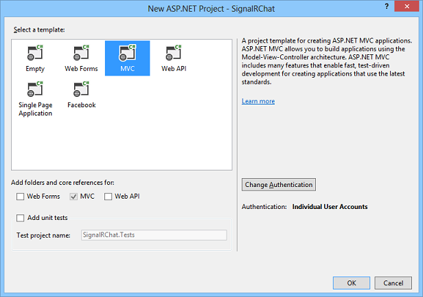 Screenshot che mostra la finestra di dialogo Nuovo progetto P dot NET. M V C è il modello selezionato.