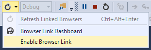 Screenshot di Visual Studio, con Abilita collegamento browser visualizzato e deselezionato nel menu a discesa Collegamento al browser.