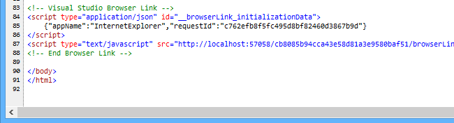 Screenshot della finestra Visualizza origine nel browser, con riferimenti di script speciali inseriti dal modulo h t t p.