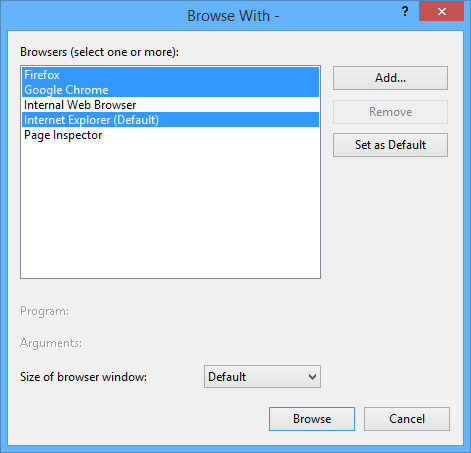 Screenshot della finestra di dialogo Sfoglia con, con l'istruzione selezionare uno o più browser e tre browser evidenziati e selezionati.