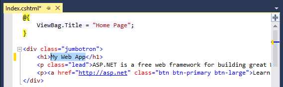 Screenshot di Visual Studio, con il progetto A S P dot Net visualizzato e l'intestazione H 1 evidenziata.