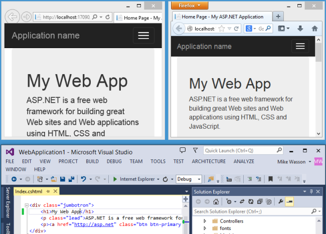 Screenshot del progetto A S P dot Net, con le modifiche visualizzate nelle finestre del browser visualizzate side-by-side e il progetto visualizzato di seguito in Visual Studio.