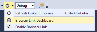 Screenshot di Visual Studio, con il pulsante Aggiorna evidenziato e il dashboard collegamento del browser evidenziato nel menu a discesa.