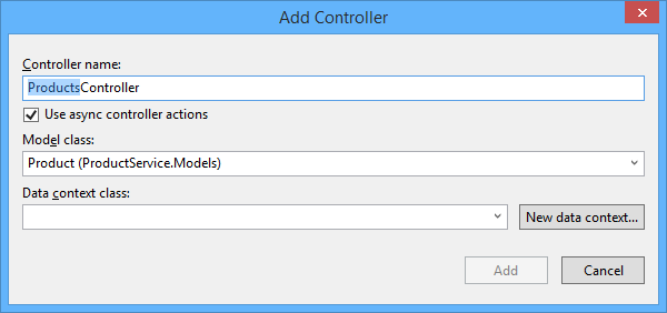 Screenshot della finestra di dialogo Aggiungi controller, visualizzazione dei campi per il nome del controller, l'elenco a discesa della classe del modello e la classe del contesto dati.