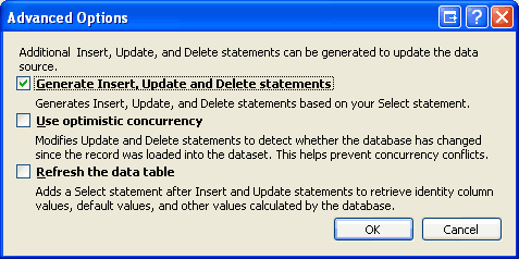 Lasciare selezionata l'opzione Genera istruzioni Insert, Update and Delete