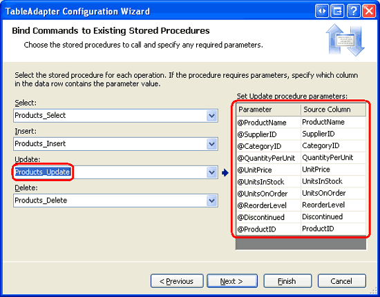 In alternativa, è possibile usare la configurazione guidata tableAdapter per aggiornare le raccolte di parametri dei metodi