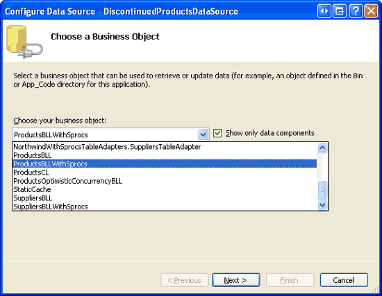 Configurare ObjectDataSource per usare la classe ProductsBLLWithSprocs