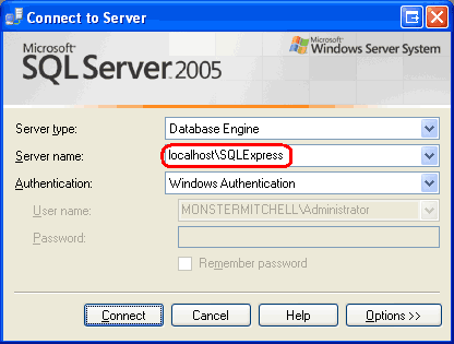 Screenshot che mostra la finestra Connetti al server di SQL Server Management Studio.