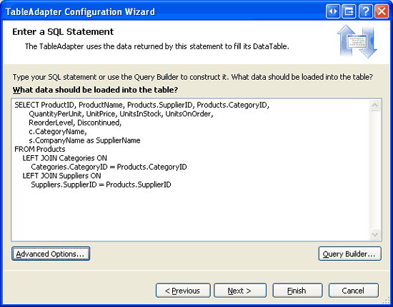 Screenshot che mostra la finestra Configurazione guidata TableAdaptor con una query immessa che contiene JOINs.