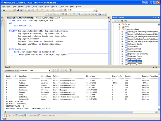 I risultati delle stored procedure vengono visualizzati nella finestra di output