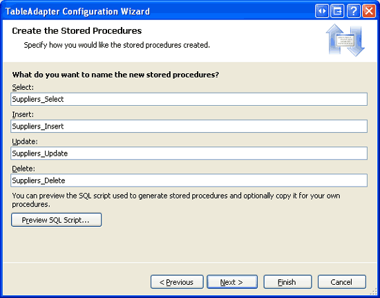 Personalizzare i nomi delle stored procedure generate automaticamente