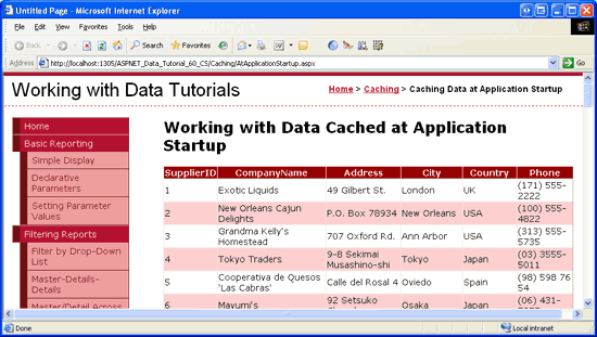 I dati dei fornitori memorizzati nella cache vengono visualizzati in un controllo GridView