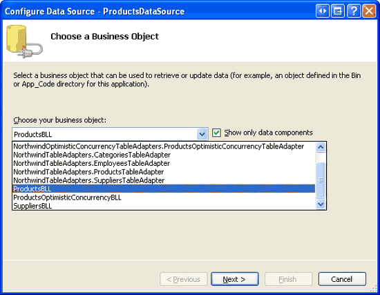 Configurare ObjectDataSource per usare la classe ProductsBLL