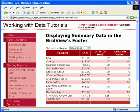 Screenshot che mostra i dati di riepilogo nella riga del piè di pagina di GridView formattata con un nuovo colore di sfondo.