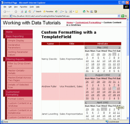 Il HiredDate del dipendente viene visualizzato nel controllo Calendario