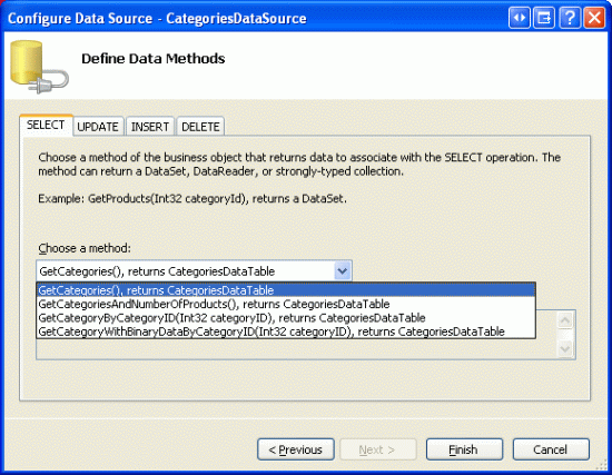 Configurare ObjectDataSource per restituire categorie usando il metodo GetCategories
