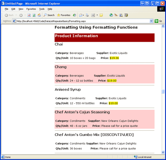 Screenshot che mostra i prodotti elencati nel controllo DataList, con il prezzo dei prodotti che costano più di 20,00 dollari sostituiti con il testo , 