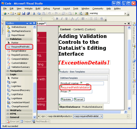Aggiungere un oggetto RequiredFieldValidator a EditItemTemplate dopo productName TextBox