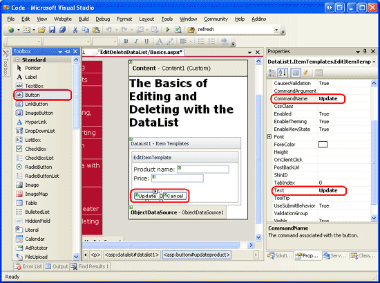 Screenshot che mostra i pulsanti DataList EditItemTemplate con i pulsanti Update e Cancel aggiunti.