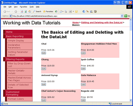 Screenshot che mostra l'oggetto DataList EditItemTemplate con il pulsante Modifica aggiunto.