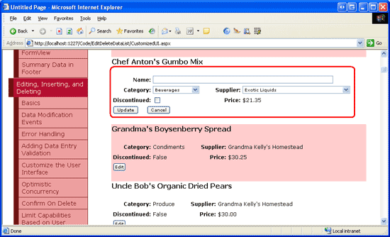 Screenshot che mostra l'oggetto DataList EditItemTemplate dopo l'aggiunta dei gestori eventi EditCommand e CancelCommand e il pulsante Modifica è stato selezionato.