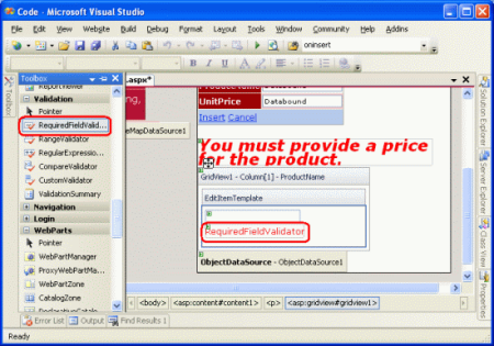 Aggiungere un oggetto RequiredFieldValidator a ProductName EditItemTemplate