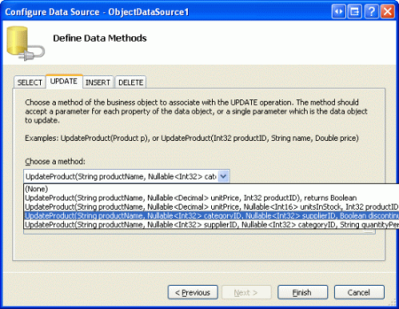 Configurare ObjectDataSource per l'uso dell'overload UpdateProduct appena creato