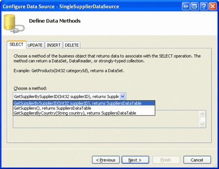 Configurare SingleSupplierDataSource ObjectDataSource per l'utilizzo del metodo GetSupplierBySupplierID(supplierID)