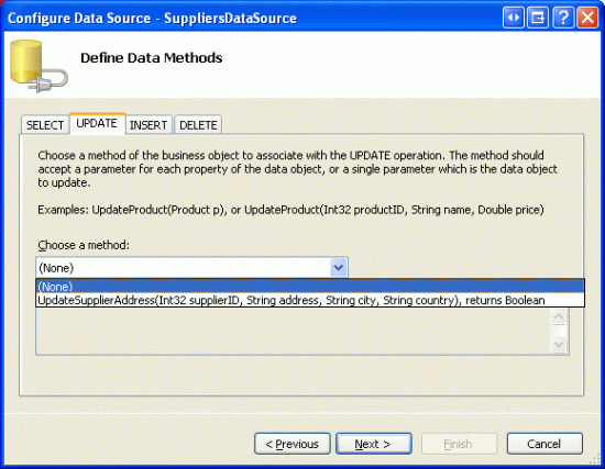 Screenshot della finestra Configura origine dati - SuppliersDataSource con la scheda UPDATE aperta. L'opzione metodo (None) è selezionata e il pulsante Next è evidenziato.