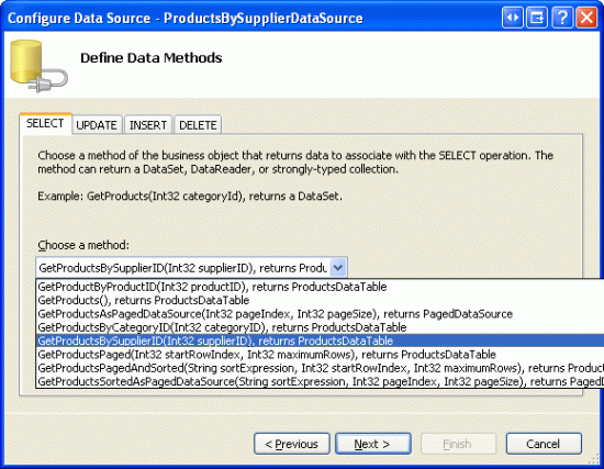 Configurare ObjectDataSource per l'uso del metodo GetProductsBySupplierID(supplierID)
