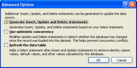 Selezionare solo l'opzione Genera istruzioni Insert, Update e Delete
