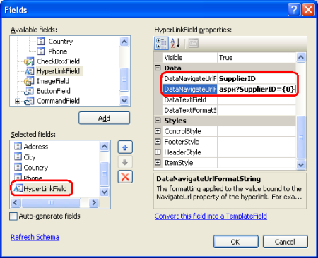 Configurare HyperLinkField per includere l'URL di collegamento appropriato in base all'ID fornitore