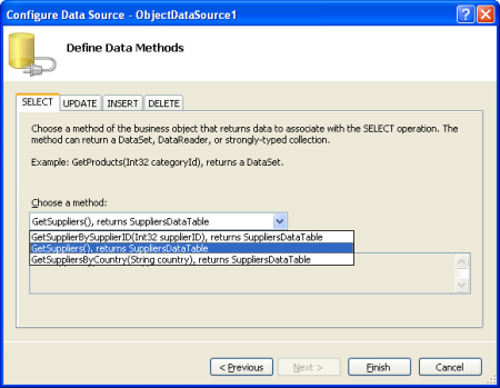 Configurare ObjectDataSource per l'utilizzo del metodo GetSuppliers()