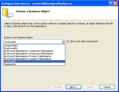 Screenshot della finestra Configura origine dati - productsByCategoryDataSource con il menu a discesa oggetto business aperto. ProductsBLL è selezionato e il pulsante Avanti è evidenziato.