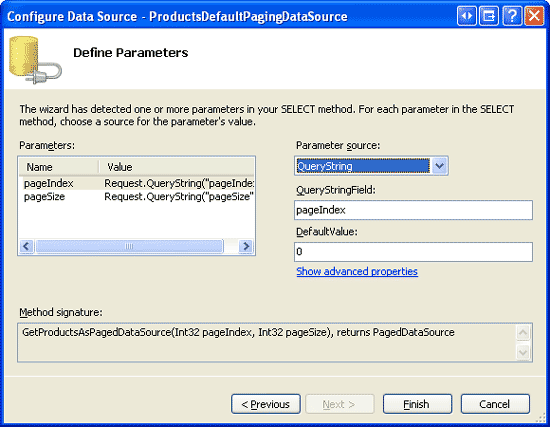 Usare QueryString come origine per i parametri pageIndex e pageSize