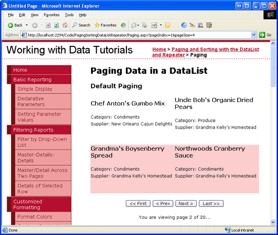 Screenshot che mostra la pagina 2 dei dati di paging in una finestra DataList.