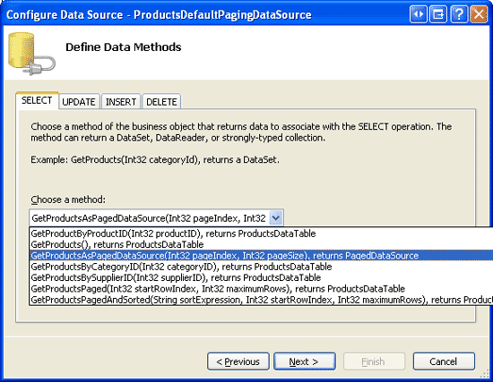 Creare un oggetto ObjectDataSource e configurarlo per usare il metodo GetProductsAsPagedDataSource ()