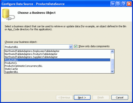 Configurare ObjectDataSource per l'uso della classe ProductsBLL