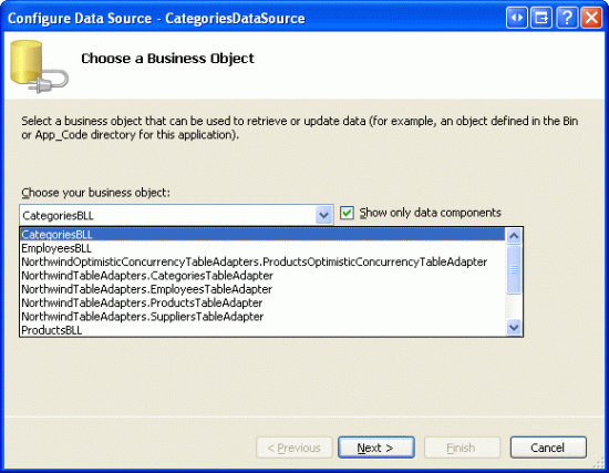 Configurare ObjectDataSource per l'uso della classe CategoriesBLL