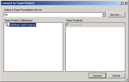 Nella finestra di dialogo Connetti al progetto team selezionare l'istanza T F S a cui si vuole connettersi, selezionare la raccolta di progetti team a cui si vuole aggiungere e quindi fare clic su Connetti.