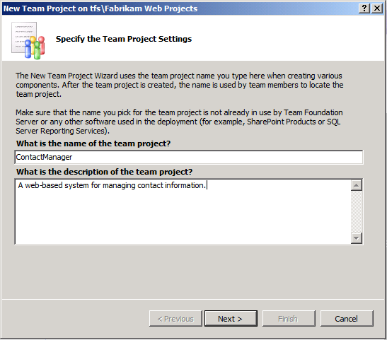 Screenshot della finestra di dialogo Nuovo progetto team per specificare un nome e una descrizione per il progetto team.