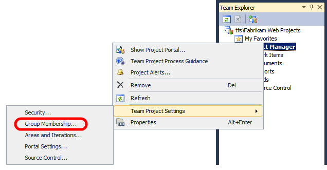 In Visual Studio 2010, nella finestra Team Explorer fare clic con il pulsante destro del mouse sul progetto team, scegliere Impostazioni progetto team e quindi fare clic su Appartenenza al gruppo.