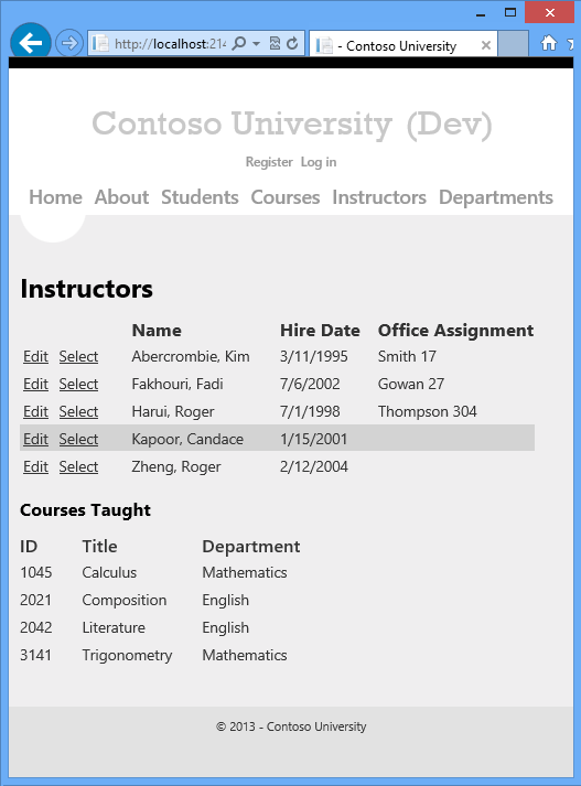 Screenshot che mostra la pagina Instructors e i corsi insegnato da un insegnante specifico.