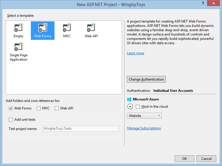 Screenshot della finestra Nuovo ASP.NET Progetto con il modello di Web Forms e il pulsante OK selezionato.