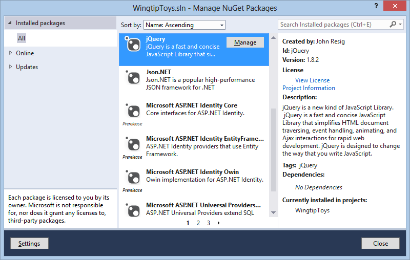 Screenshot della finestra Gestisci pacchetti NuGet con jQuery evidenziata.