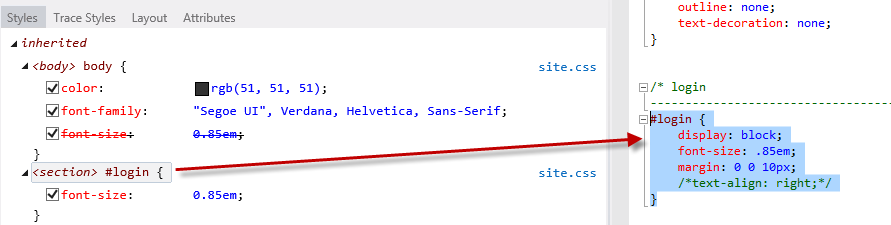 Screenshot della scheda Stili, nella barra di spostamento gli stili CSS per l'account di accesso sono selezionati con il codice corrispondente evidenziato.