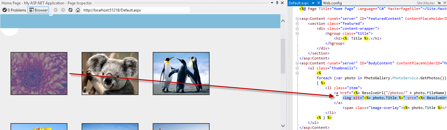 Screenshot della finestra Controllo pagina e del file Default.aspx dell'editor di Visual Studio che mostra che la parte del codice sorgente che genera l'elemento selezionato è evidenziata.