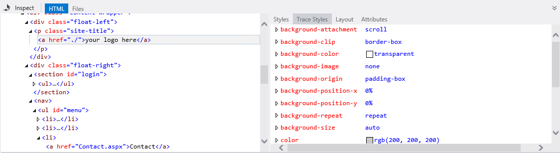 Traccia degli stili CSS dell'elemento selezionato